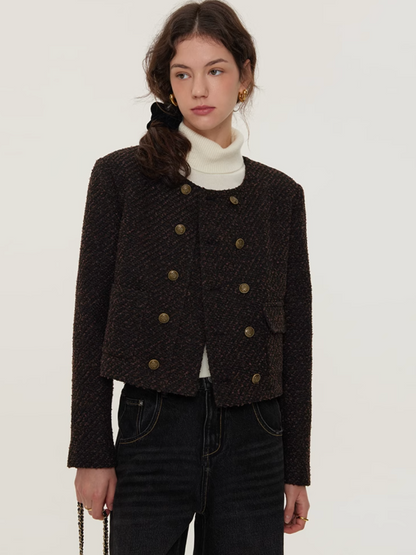 Cotton-Padded Wool Double-Breasted Short Jacket