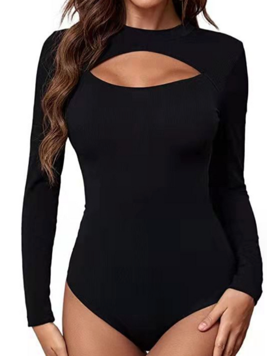 Long Sleeve Hollow Out Bodysuit Front Clasp